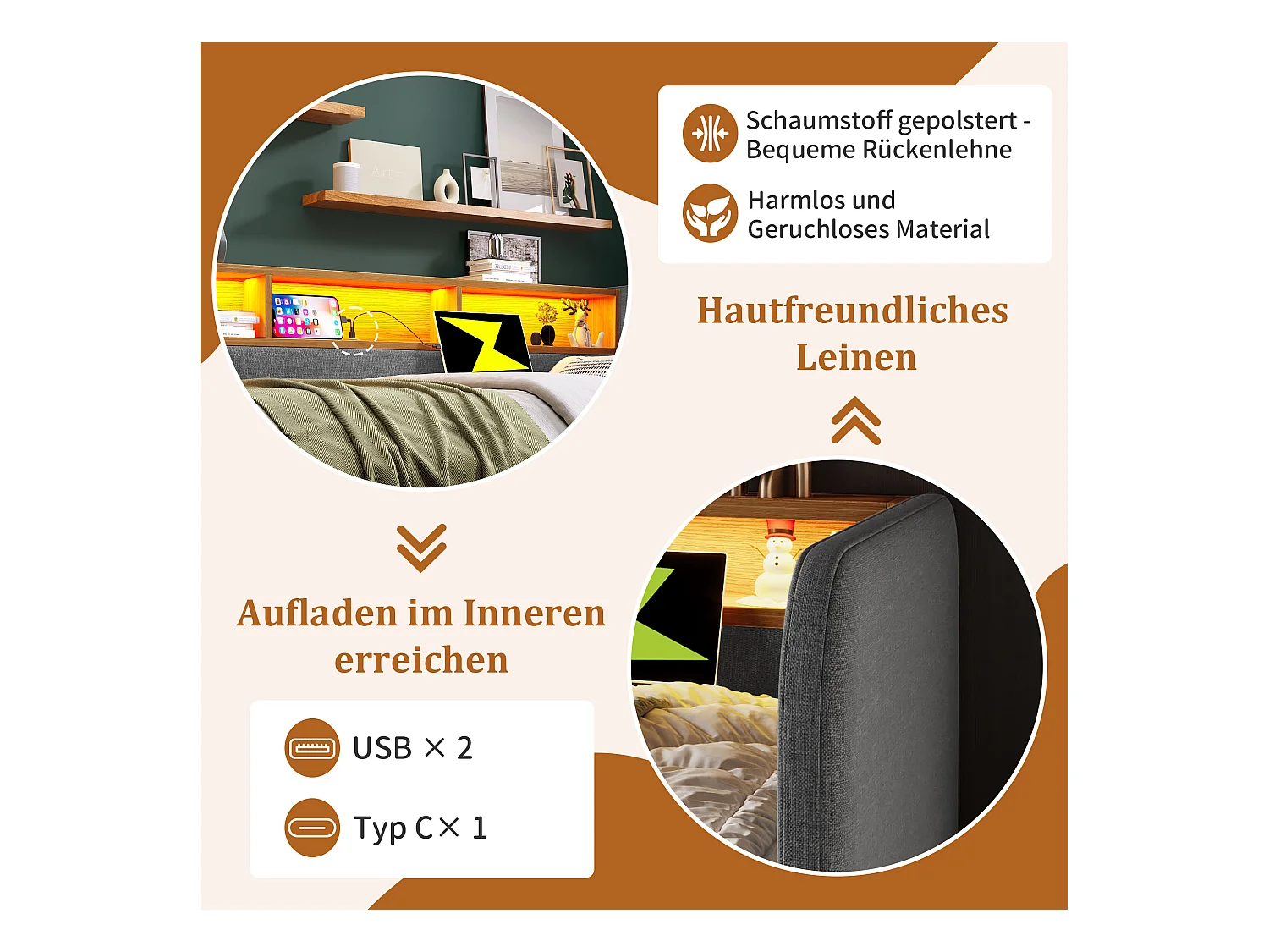 Canapé-lit 140x190 cm avec LED, Station de Charge USB-C, Rangement, Tête de Lit avec 2 tiroirs, Lin, Gris (196x157x71 cm)