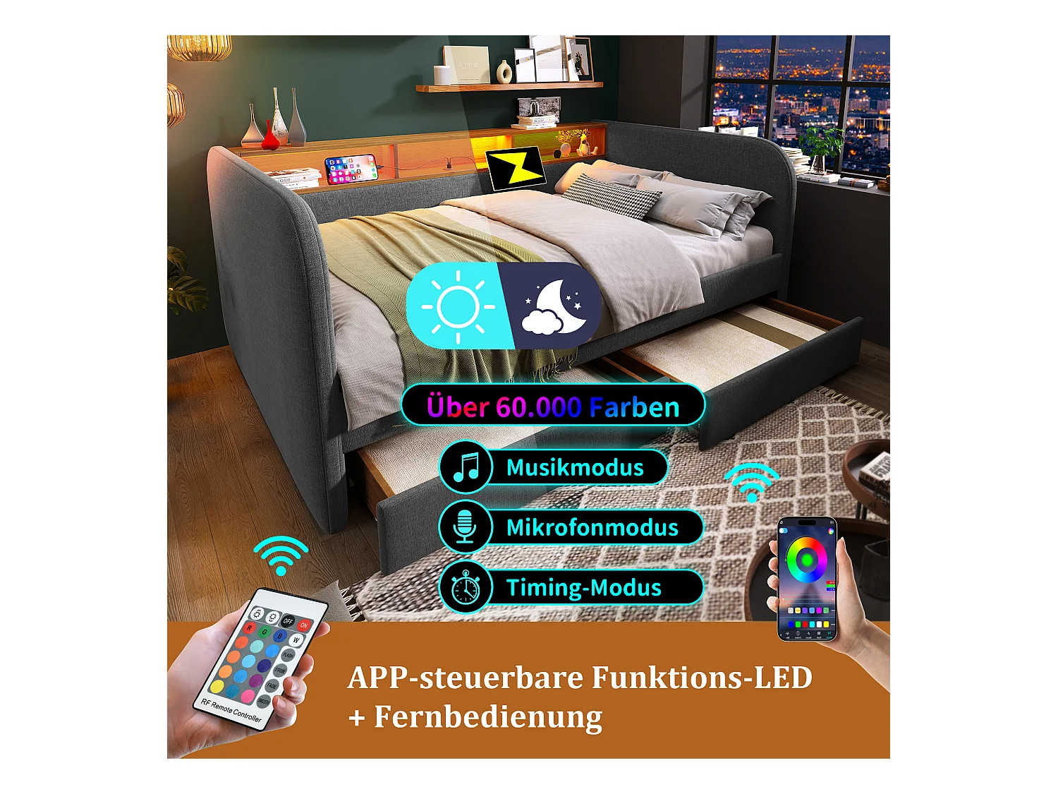 Canapé-lit 140x190 cm avec LED, Station de Charge USB-C, Rangement, Tête de Lit avec 2 tiroirs, Lin, Gris (196x157x71 cm)