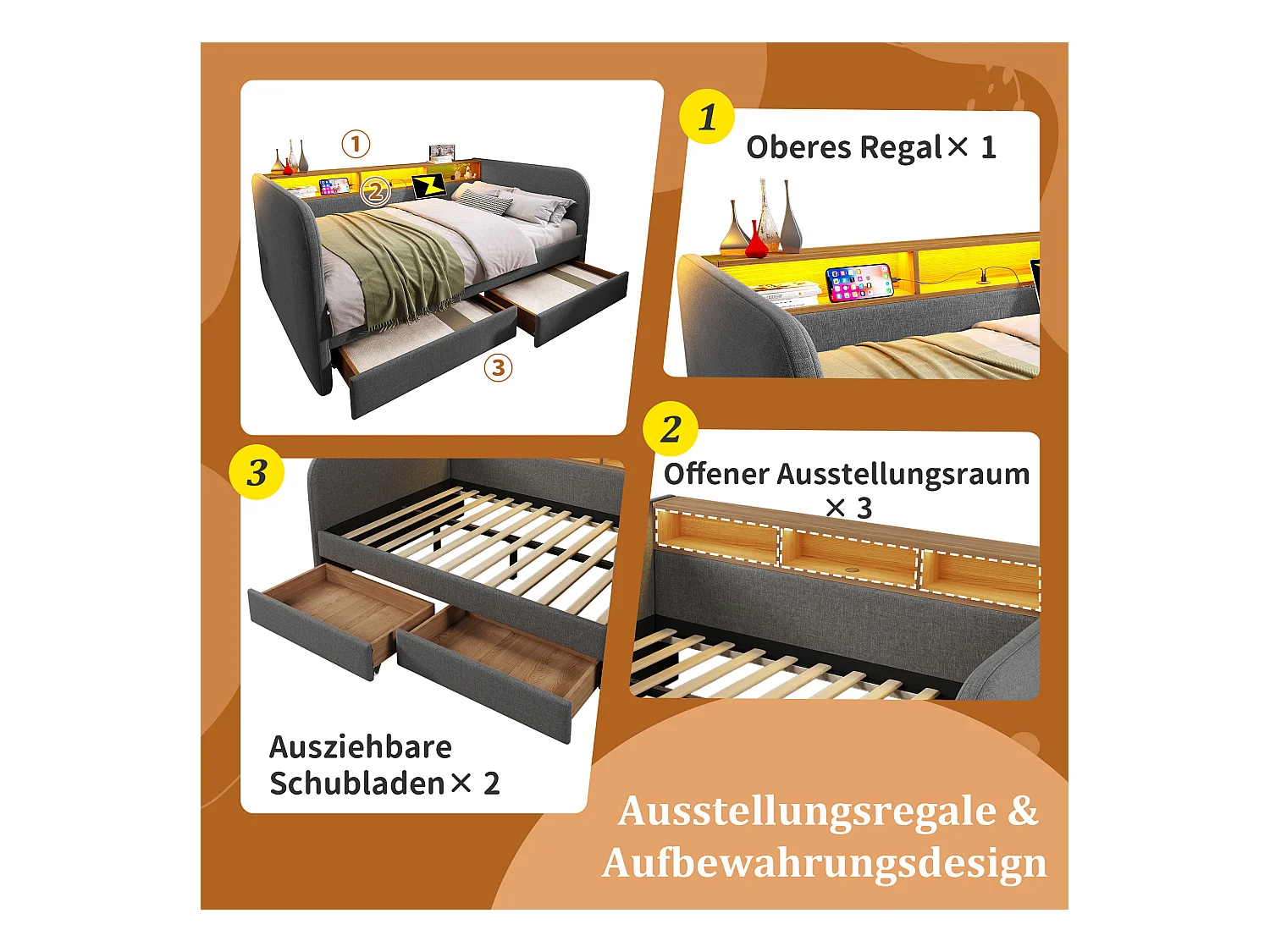 Canapé-lit 140x190 cm avec LED, Station de Charge USB-C, Rangement, Tête de Lit avec 2 tiroirs, Lin, Gris (196x157x71 cm)