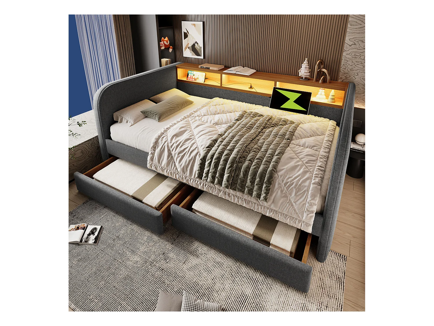 Canapé-lit 140x190 cm avec LED, Station de Charge USB-C, Rangement, Tête de Lit avec 2 tiroirs, Lin, Gris (196x157x71 cm)