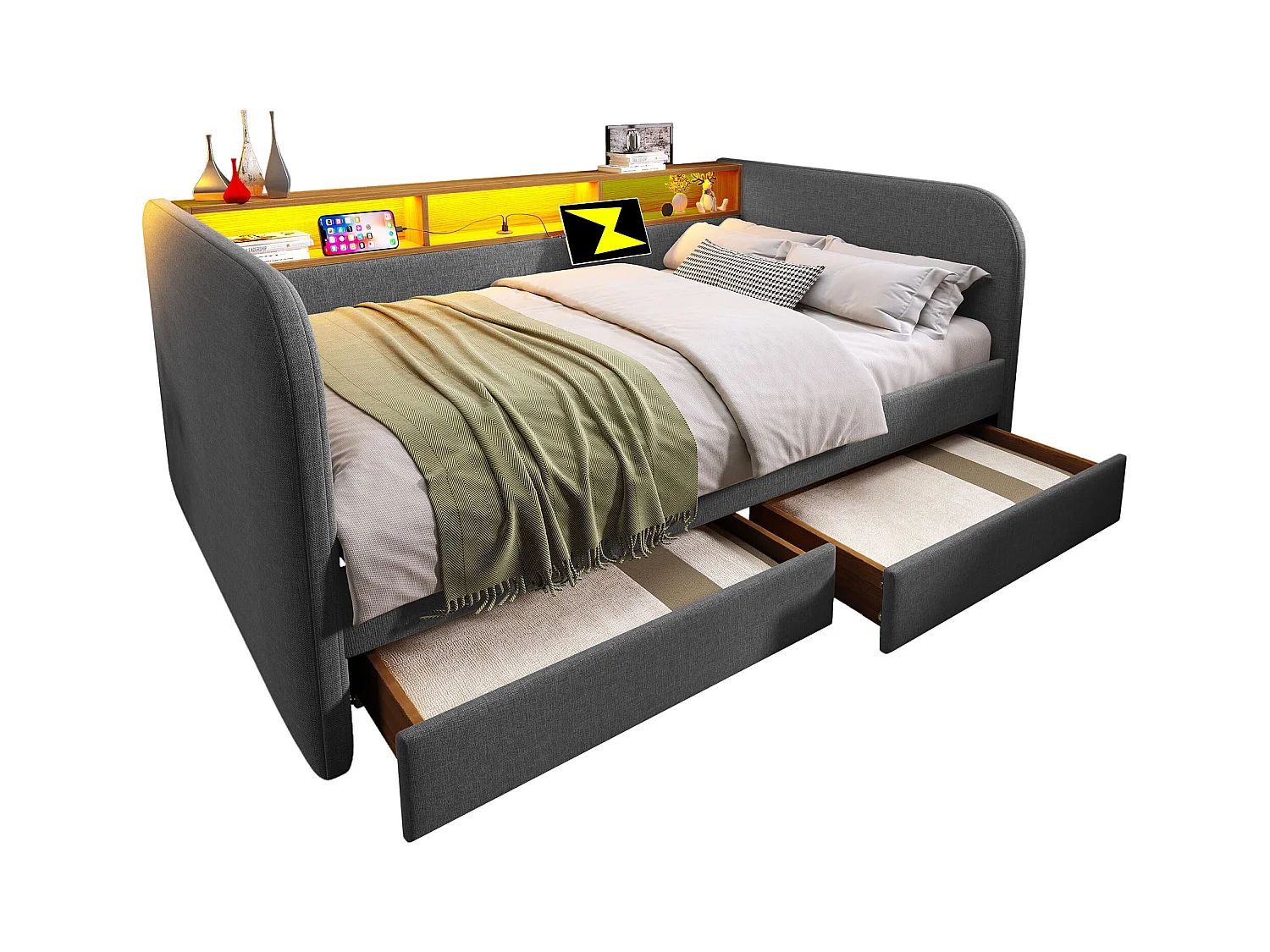 Canapé-lit 140x190 cm avec LED, Station de Charge USB-C, Rangement, Tête de Lit avec 2 tiroirs, Lin, Gris (196x157x71 cm)