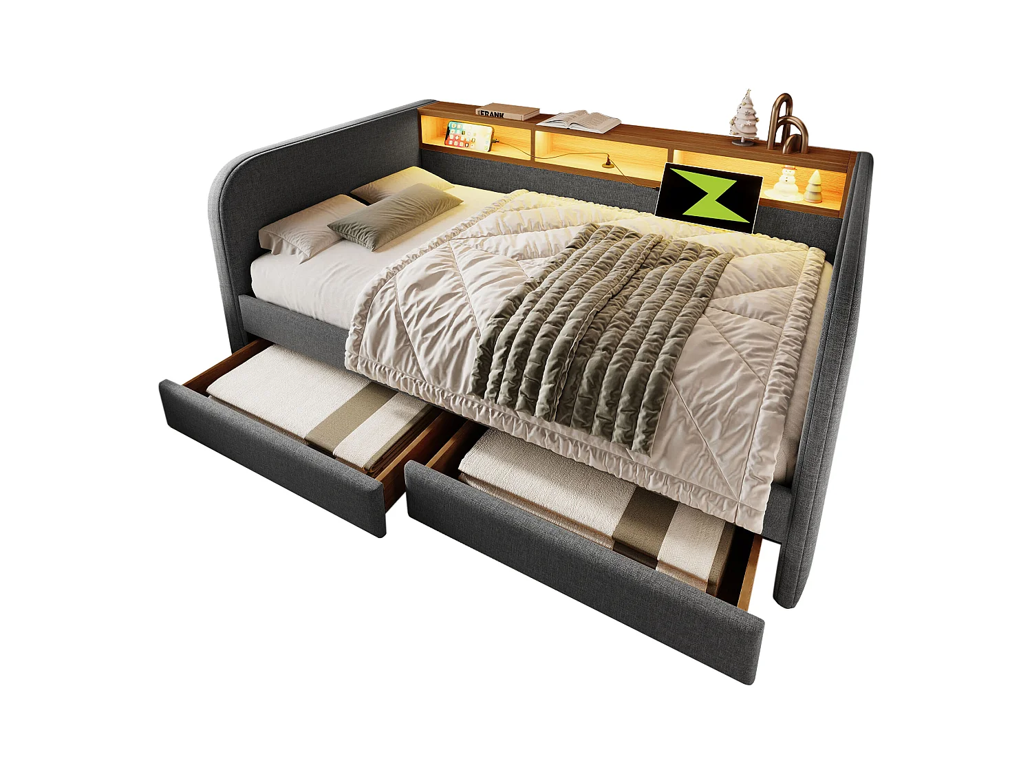 Canapé-lit 140x190 cm avec LED, Station de Charge USB-C, Rangement, Tête de Lit avec 2 tiroirs, Lin, Gris (196x157x71 cm)