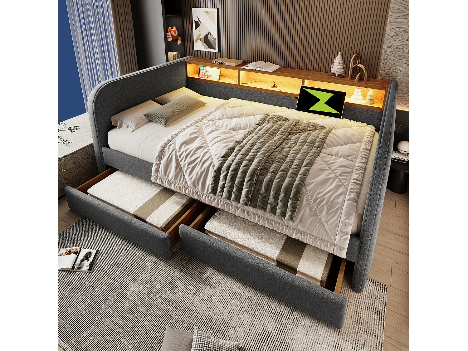 Canapé-lit 140x190 cm avec LED, Station de Charge USB-C, Rangement, Tête de Lit avec 2 tiroirs, Lin, Gris (196x157x71 cm)