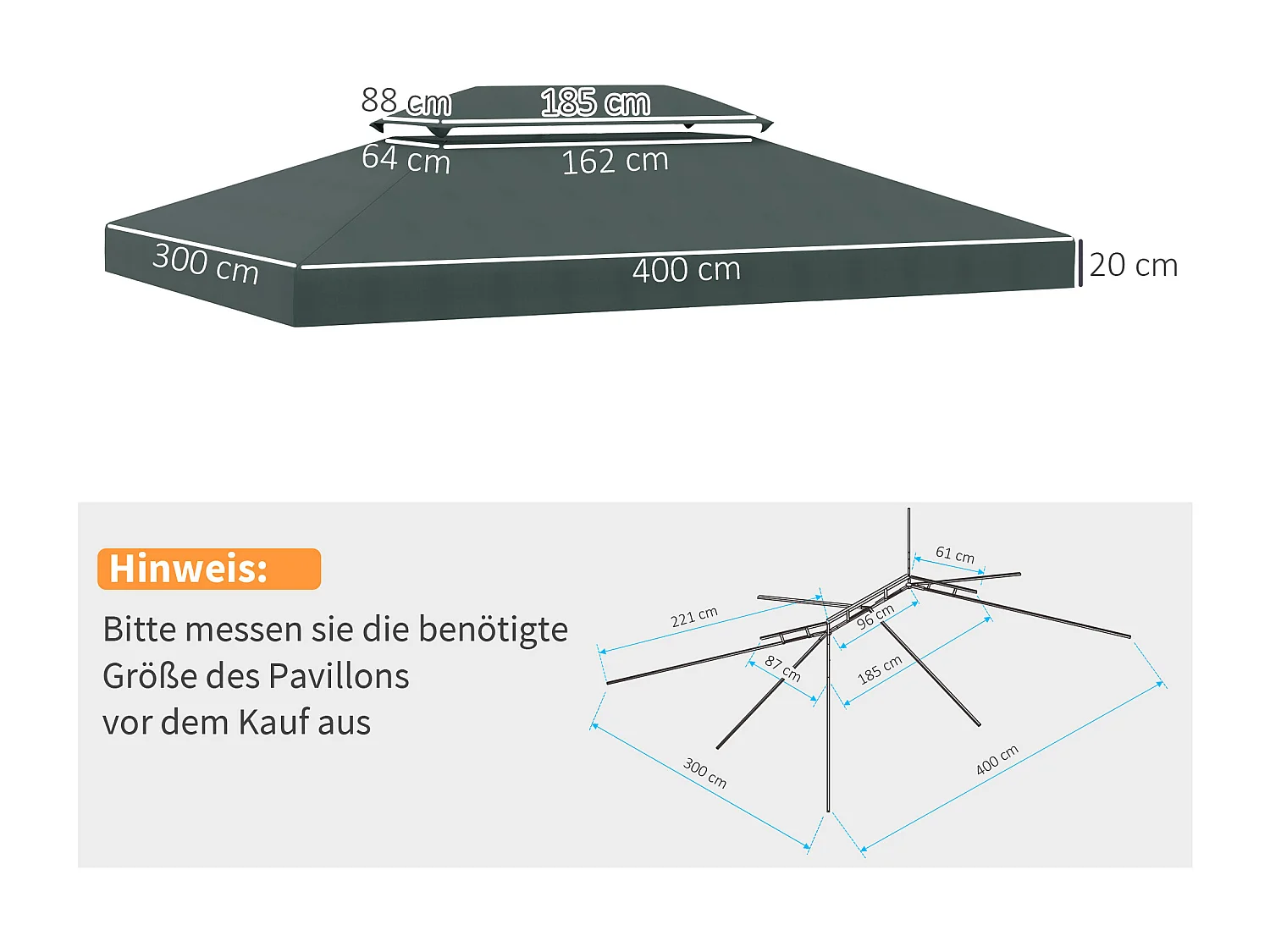 Toit de remplacement pour pavillon, double niveau, polyester résistant, charbon (300x400x20cm)
