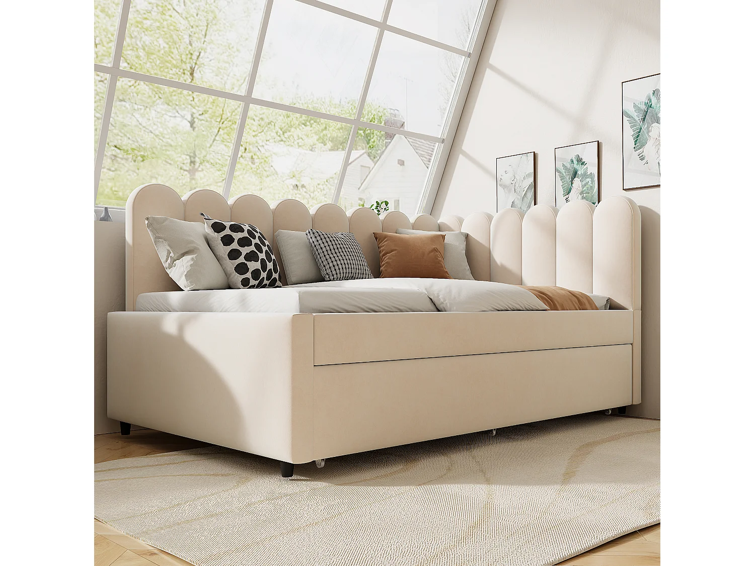 Canapé-lit L-forme 140x200 cm avec tête de lit à fleurs et lit escamotable, velours beige (205x148x90 cm)