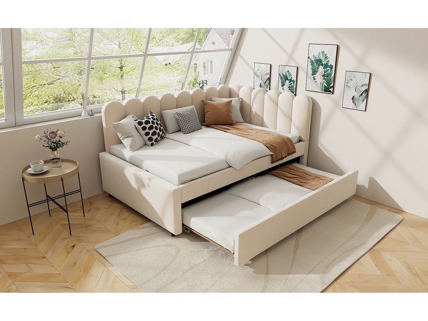 Canapé-lit L-forme 140x200 cm avec tête de lit à fleurs et lit escamotable, velours beige (205x148x90 cm)