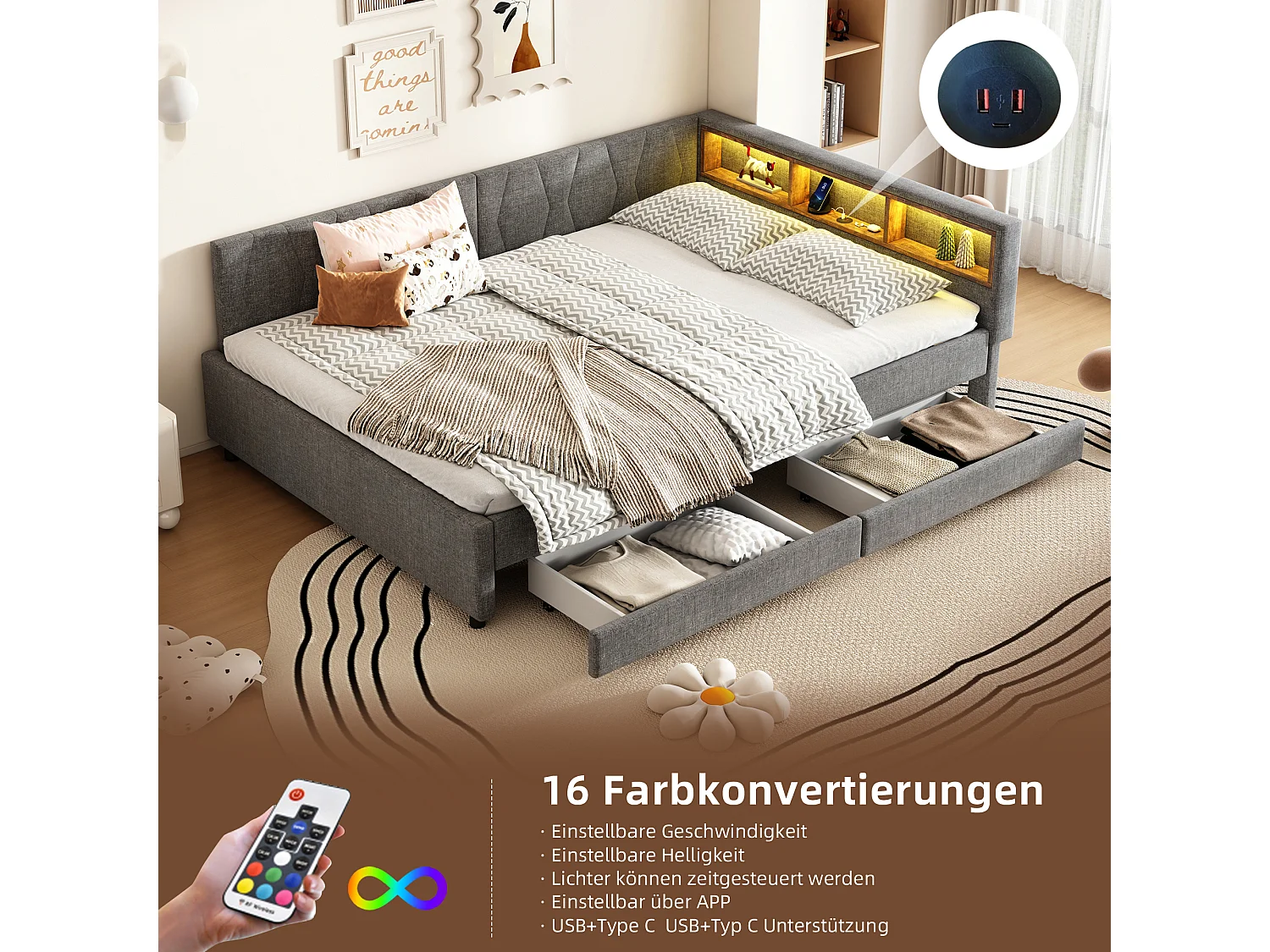 Canapé-lit enfant - 140 x 200 cm - tête de lit avec rangement + Leds - 2 tiroirs - lin - gris