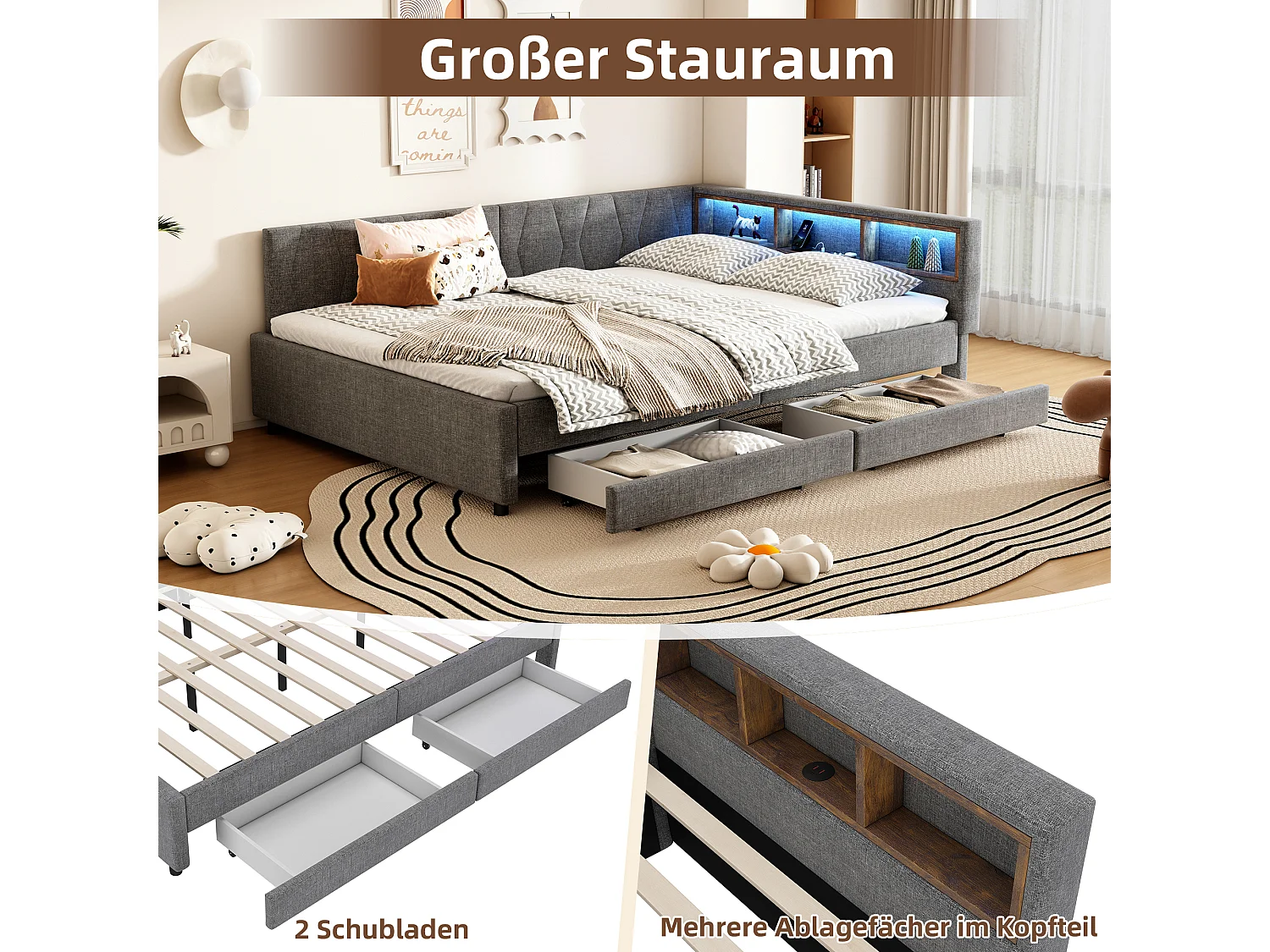 Canapé-lit enfant - 140 x 200 cm - tête de lit avec rangement + Leds - 2 tiroirs - lin - gris