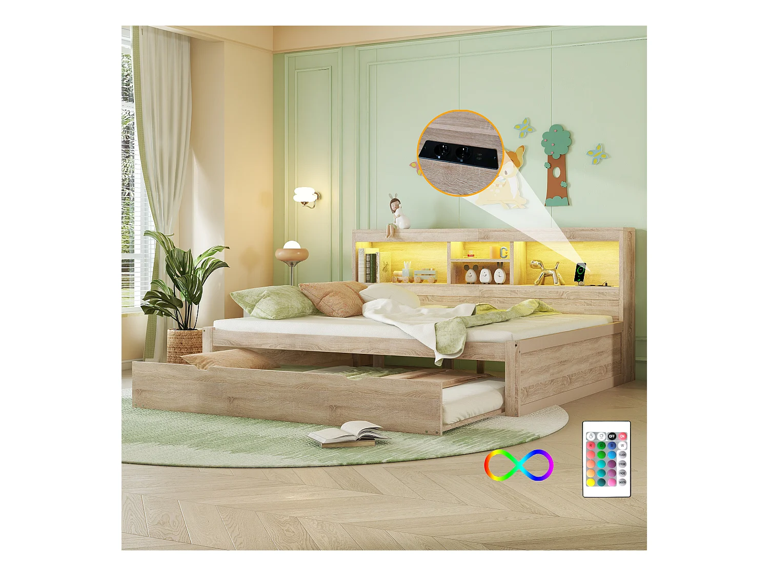 Canapé-lit, daybed, 140x200 cm, avec LED, espace de rangement latéral, lit gigogne, prise + USB, sans matelas, Naturel (204.5x164.5x90 cm)