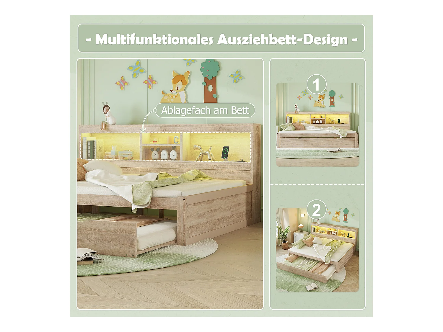 Canapé-lit, daybed, 140x200 cm, avec LED, espace de rangement latéral, lit gigogne, prise + USB, sans matelas, Naturel (204.5x164.5x90 cm)