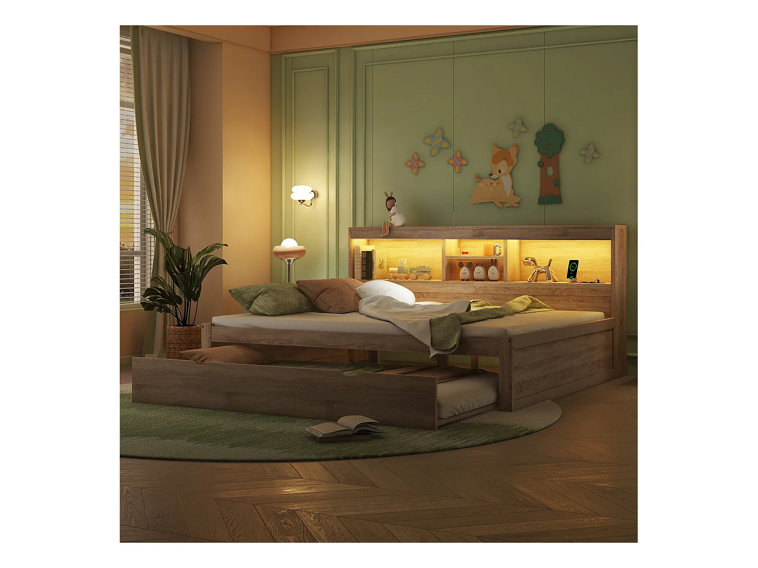 Canapé-lit, daybed, 140x200 cm, avec LED, espace de rangement latéral, lit gigogne, prise + USB, sans matelas, Naturel (204.5x164.5x90 cm)