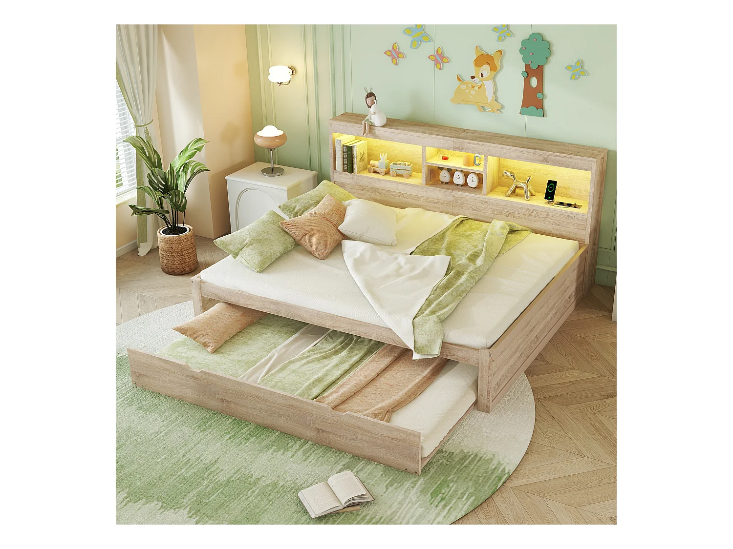 Canapé-lit, daybed, 140x200 cm, avec LED, espace de rangement latéral, lit gigogne, prise + USB, sans matelas, Naturel (204.5x164.5x90 cm)