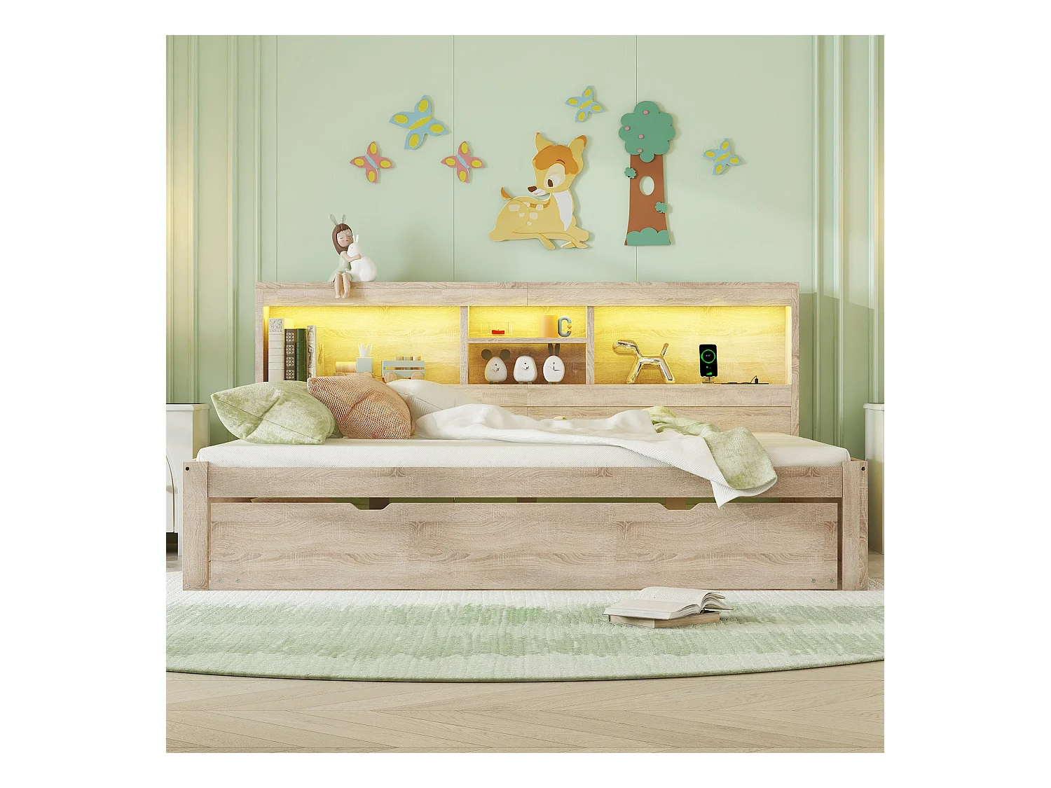 Canapé-lit, daybed, 140x200 cm, avec LED, espace de rangement latéral, lit gigogne, prise + USB, sans matelas, Naturel (204.5x164.5x90 cm)