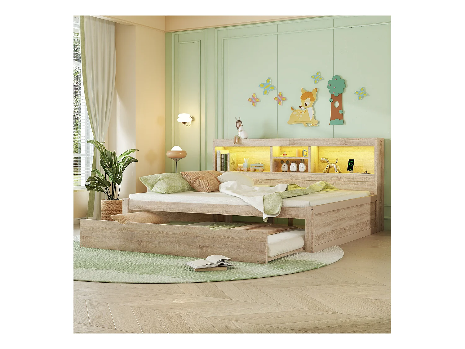 Canapé-lit, daybed, 140x200 cm, avec LED, espace de rangement latéral, lit gigogne, prise + USB, sans matelas, Naturel (204.5x164.5x90 cm)