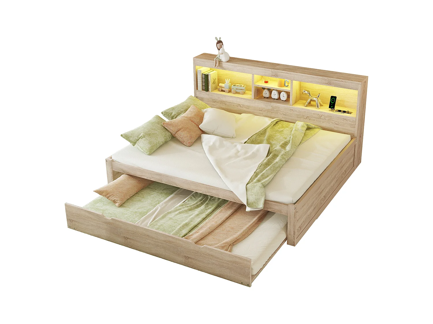 Canapé-lit, daybed, 140x200 cm, avec LED, espace de rangement latéral, lit gigogne, prise + USB, sans matelas, Naturel (204.5x164.5x90 cm)