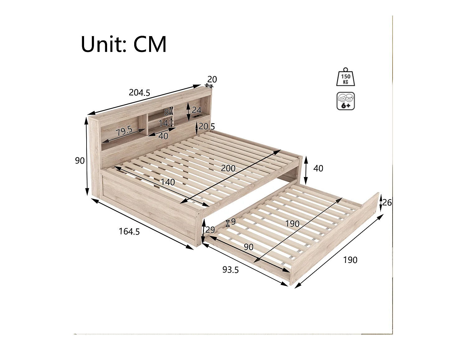 Canapé-lit, daybed, 140x200 cm, avec LED, espace de rangement latéral, lit gigogne, prise + USB, sans matelas, Naturel (204.5x164.5x90 cm)