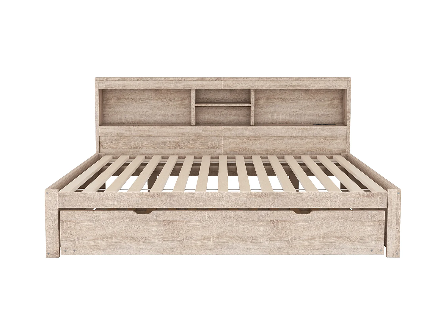 Canapé-lit, daybed, 140x200 cm, avec LED, espace de rangement latéral, lit gigogne, prise + USB, sans matelas, Naturel (204.5x164.5x90 cm)
