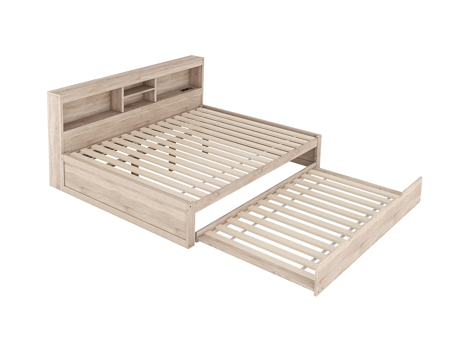 Canapé-lit, daybed, 140x200 cm, avec LED, espace de rangement latéral, lit gigogne, prise + USB, sans matelas, Naturel (204.5x164.5x90 cm)