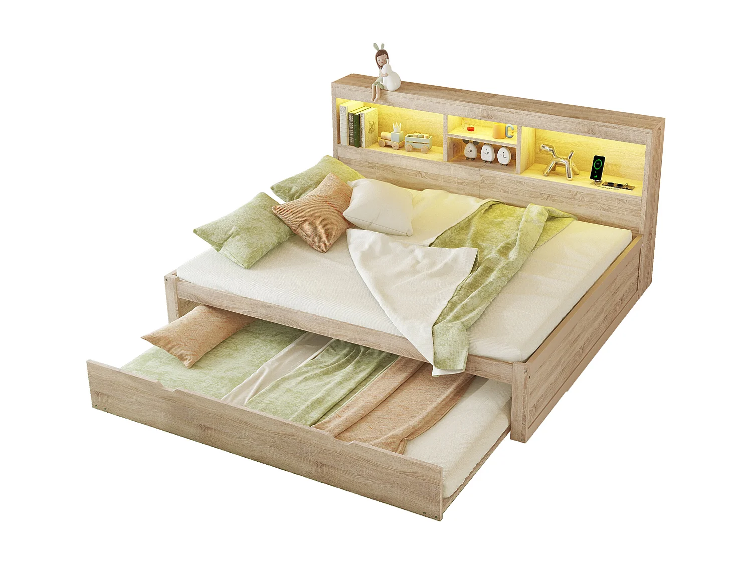 Canapé-lit, daybed, 140x200 cm, avec LED, espace de rangement latéral, lit gigogne, prise + USB, sans matelas, Naturel (204.5x164.5x90 cm)