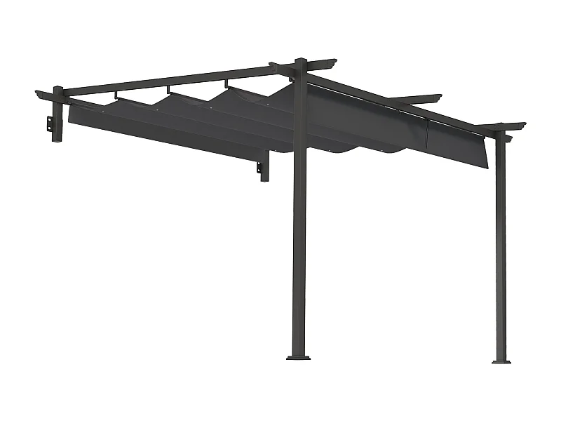 Pergola addossata con tetto retrattile, struttura in acciaio e poliestere, grigio scuro (297x297x230cm)