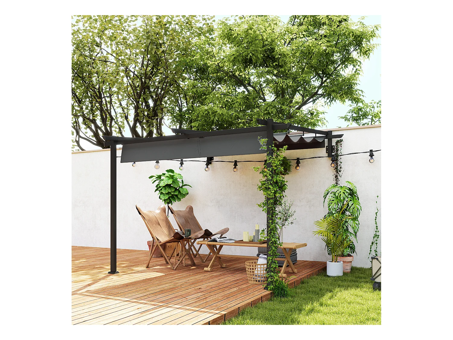 Pergola murale avec toit rétractable, structure acier et polyester, gris foncé (297x297x230cm)