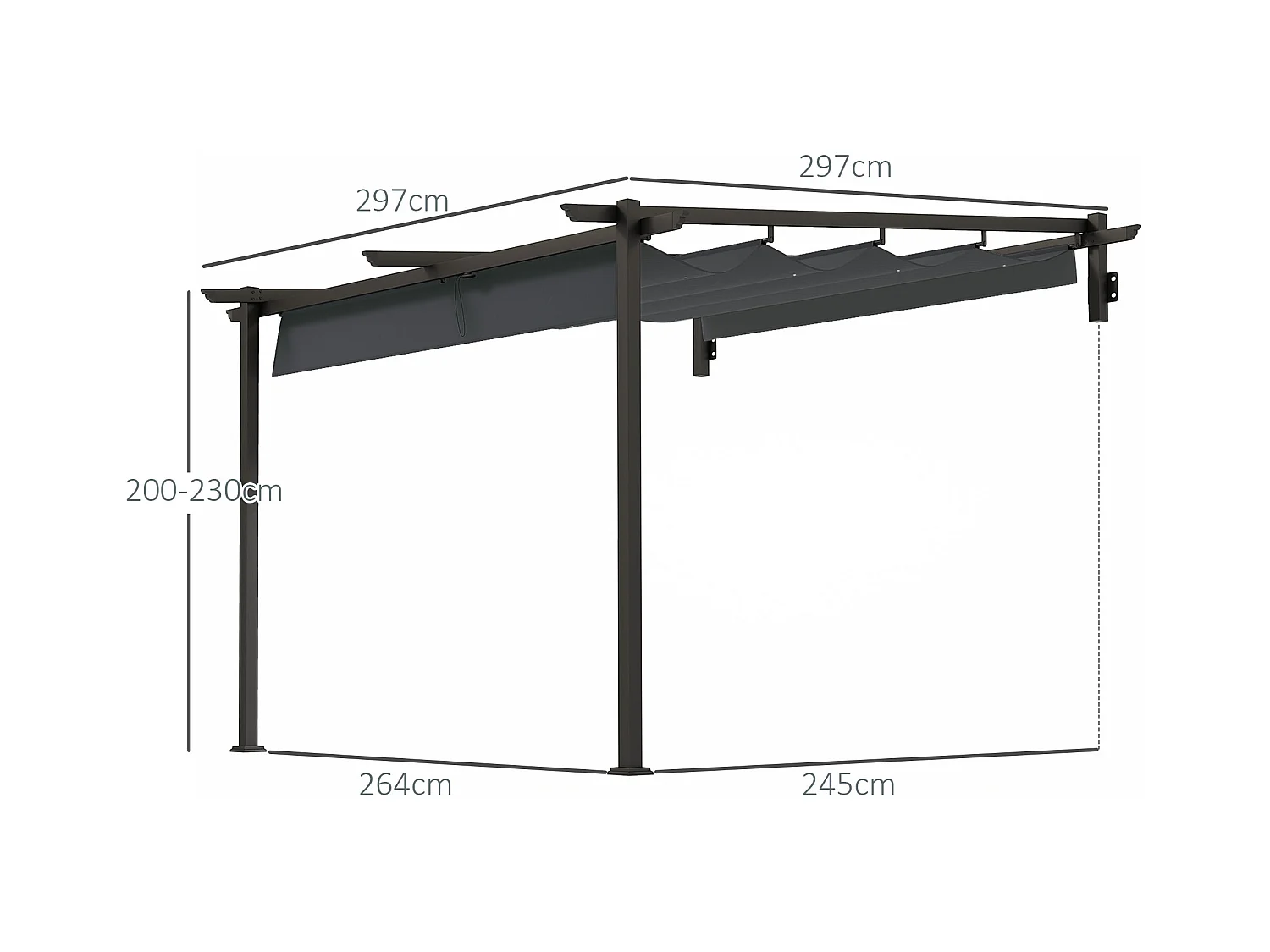 Pergola murale avec toit rétractable, structure acier et polyester, gris foncé (297x297x230cm)
