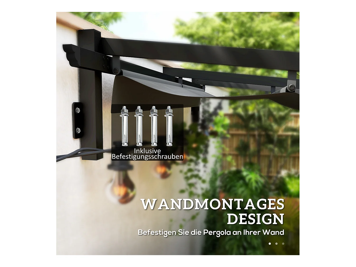 Pergola murale avec toit rétractable, structure acier et polyester, gris foncé (297x297x230cm)