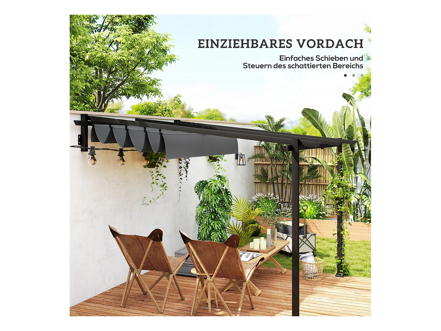 Pergola murale avec toit rétractable, structure acier et polyester, gris foncé (297x297x230cm)