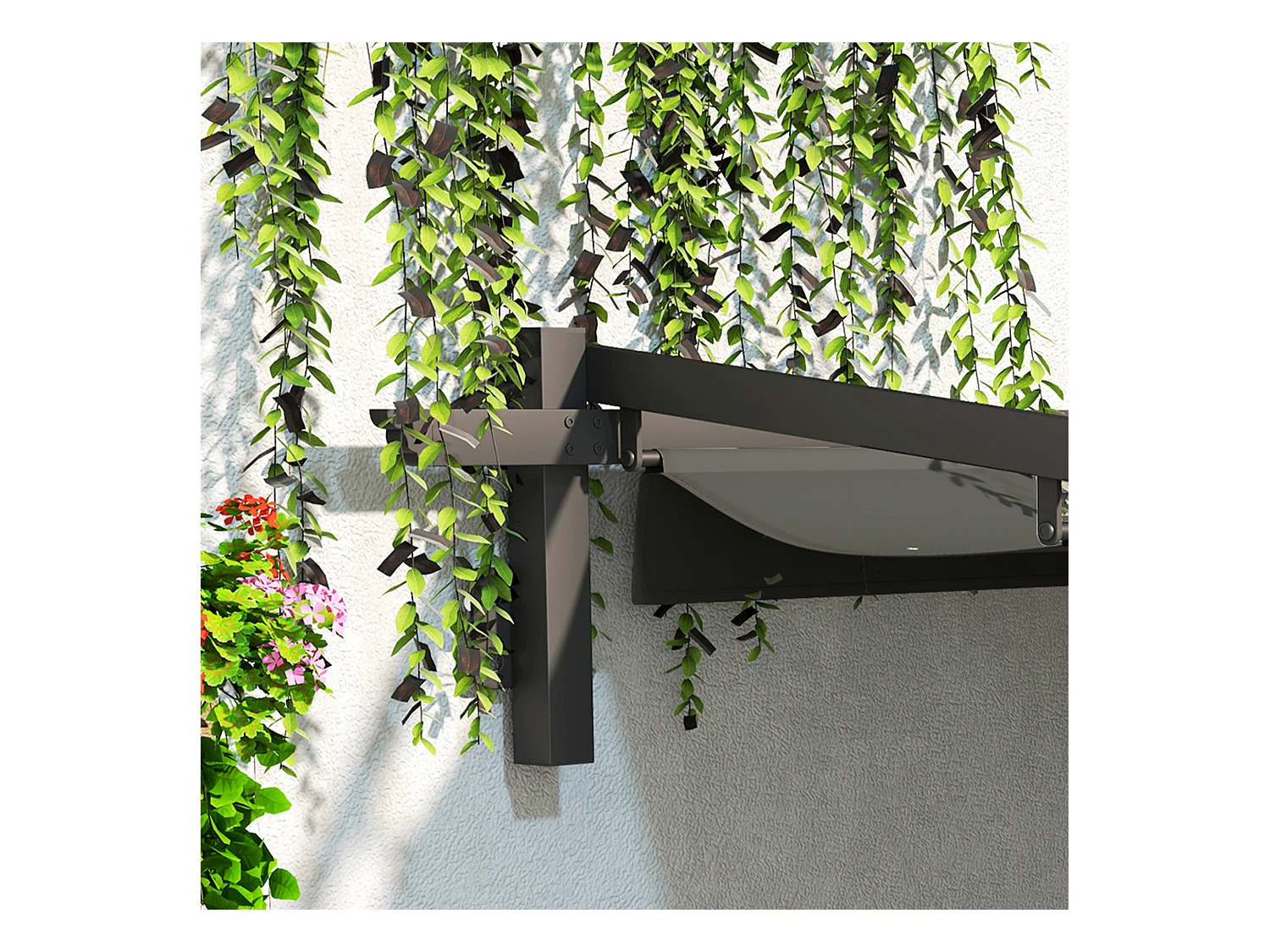 Pergola murale avec toit rétractable, structure acier et polyester, gris foncé (297x297x230cm)