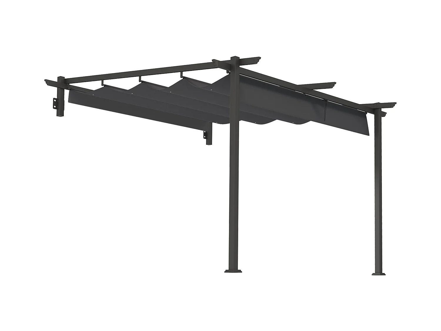 Pergola murale avec toit rétractable, structure acier et polyester, gris foncé (297x297x230cm)