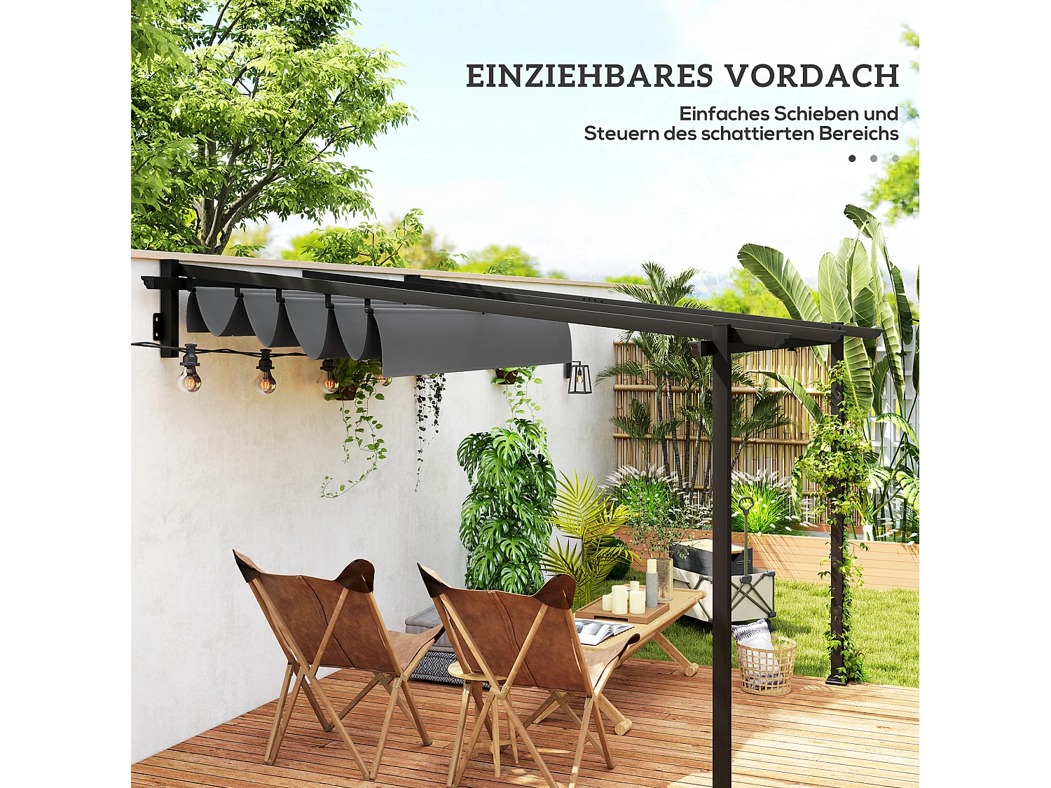 Pergola murale avec toit rétractable, structure acier et polyester, gris foncé (297x297x230cm)
