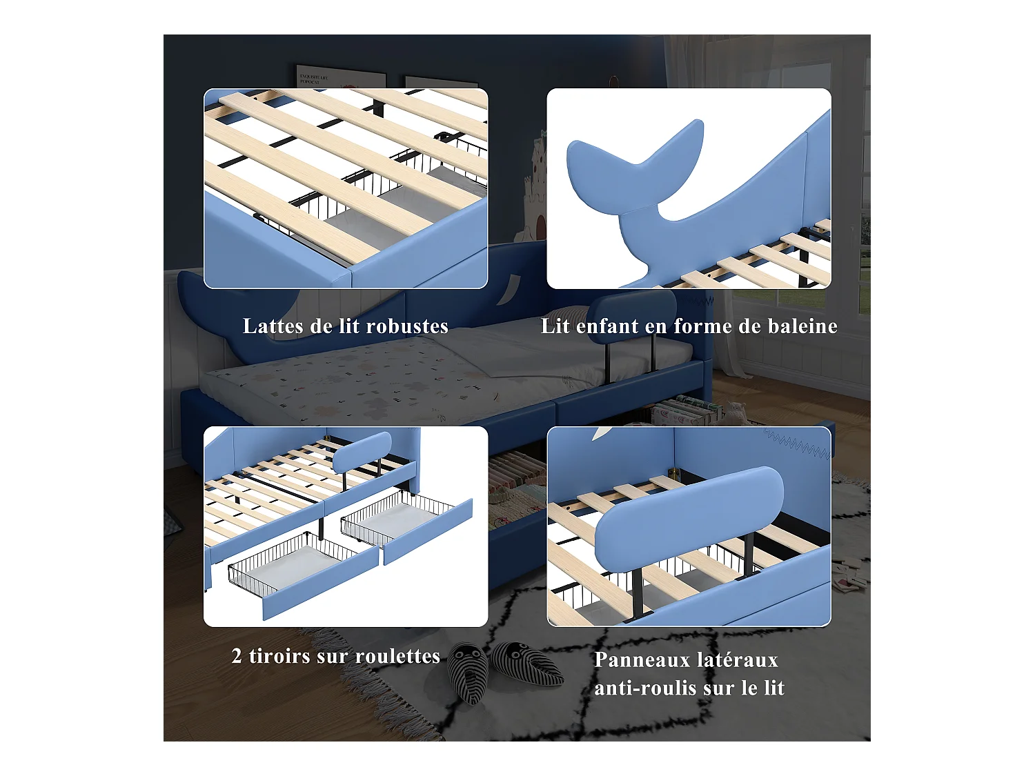 Kinderbed met walvismotief, slaapbank, metalen frame, 2 lades op wieltjes, PU-stof + MDF + multiplex, blauw, 90x200cm