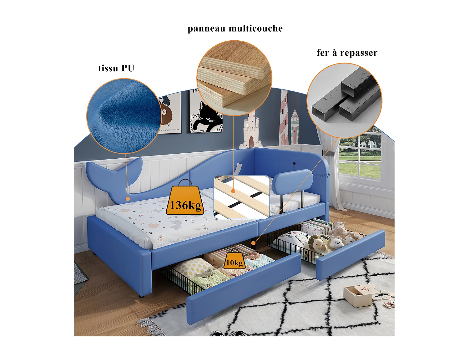 Kinderbed met walvismotief, slaapbank, metalen frame, 2 lades op wieltjes, PU-stof + MDF + multiplex, blauw, 90x200cm