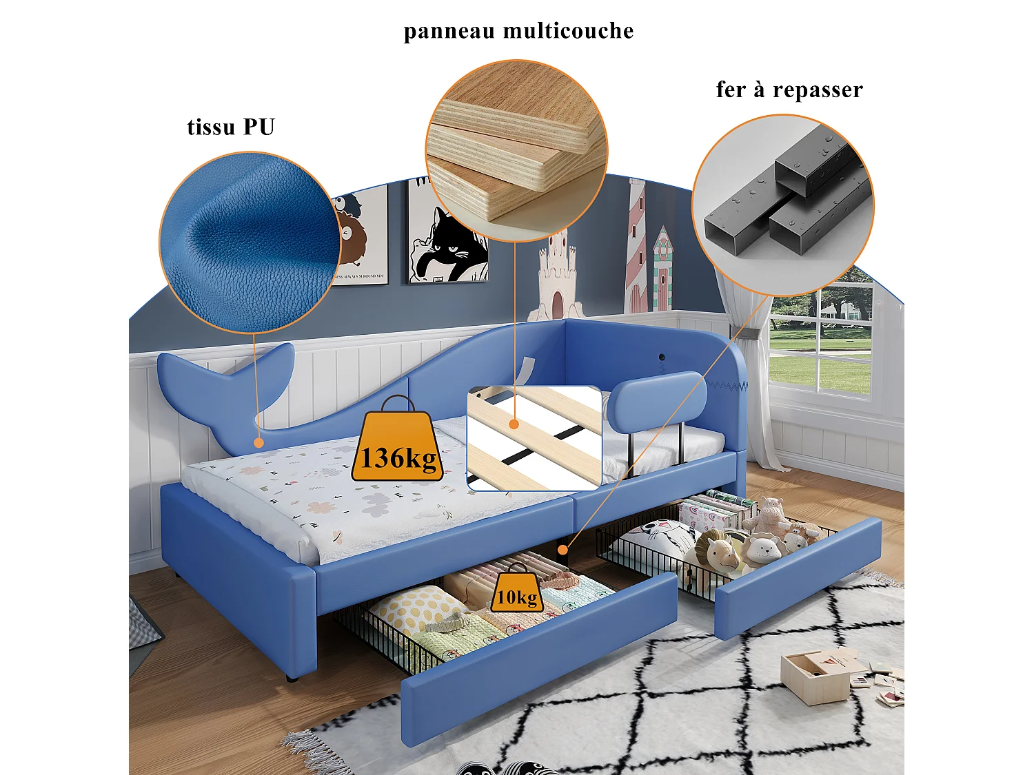 Cama infantil con diseño de ballena, sofá cama, estructura de metal, 2 cajones con ruedas, tela PU + MDF + contrachapado, azul, 90x200cm