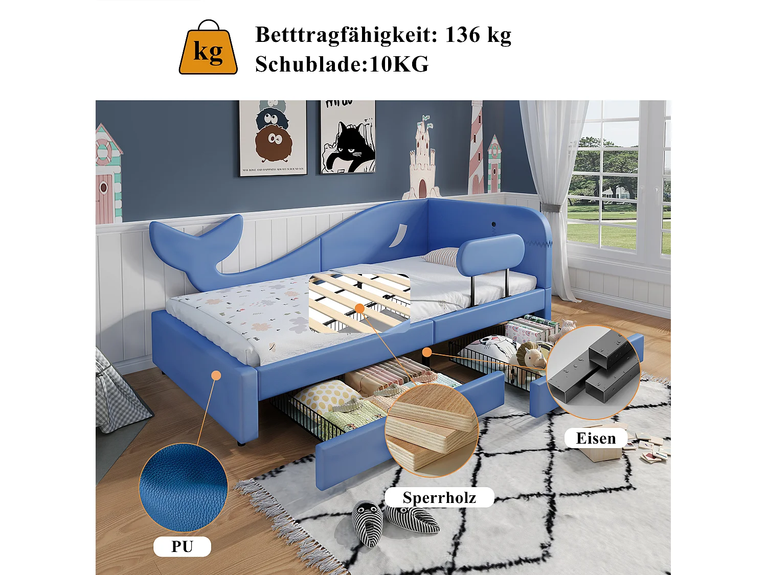Cama infantil con diseño de ballena, sofá cama, estructura de metal, 2 cajones con ruedas, tela PU + MDF + contrachapado, azul, 90x200cm