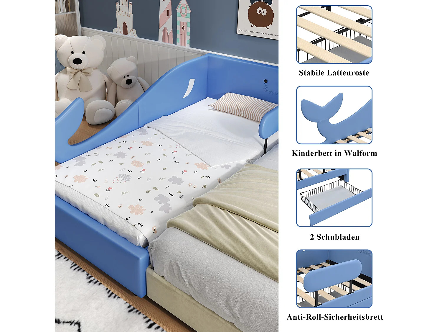 Cama infantil con diseño de ballena, sofá cama, estructura de metal, 2 cajones con ruedas, tela PU + MDF + contrachapado, azul, 90x200cm