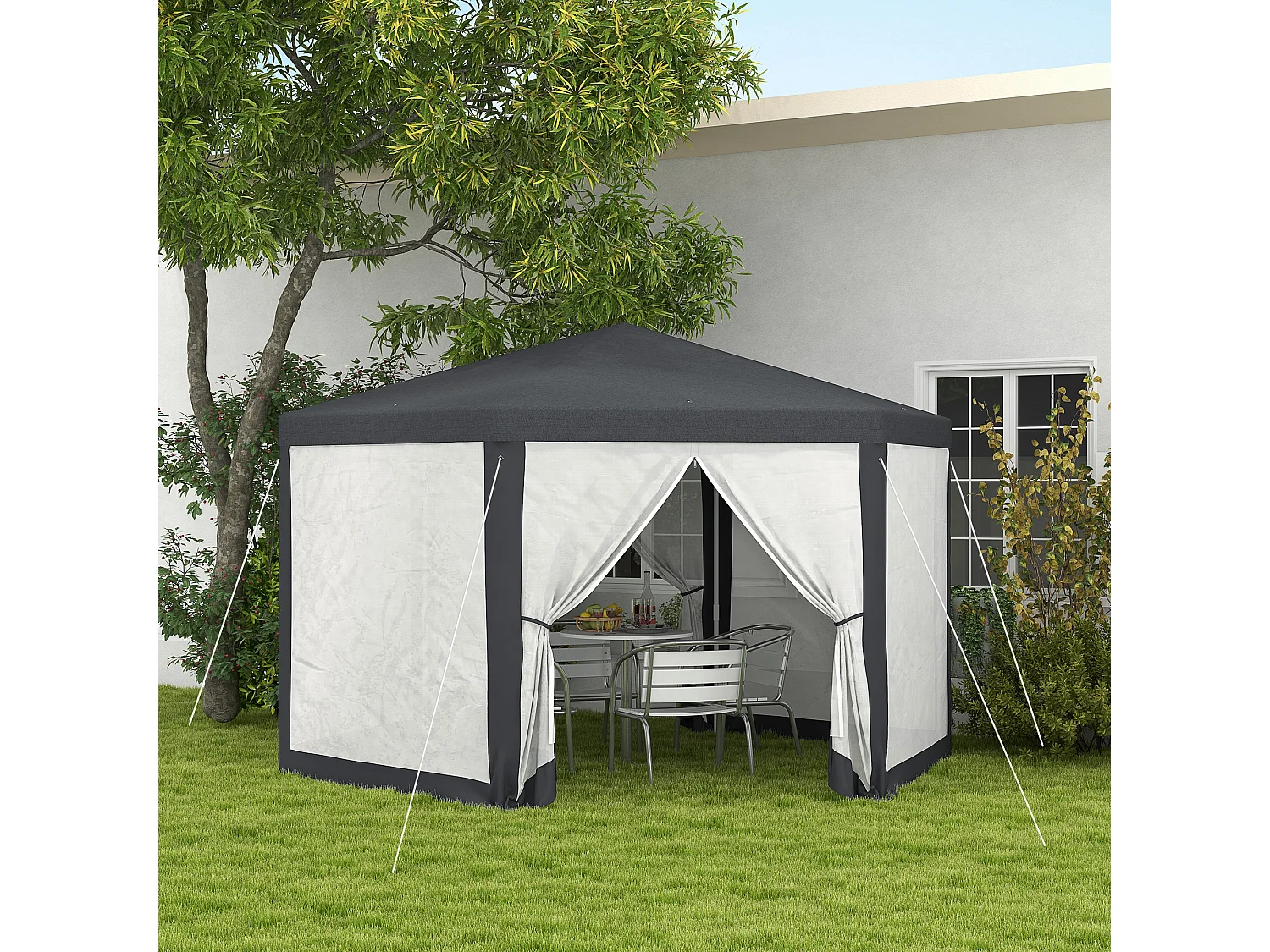 Tuinpaviljoen 4x4 m met klamboe, 6 zijden, frame van metaal en polyester, donkergrijs (394x341,2x250 cm)