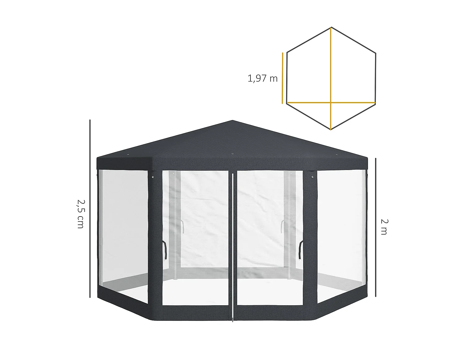 Tuinpaviljoen 4x4 m met klamboe, 6 zijden, frame van metaal en polyester, donkergrijs (394x341,2x250 cm)