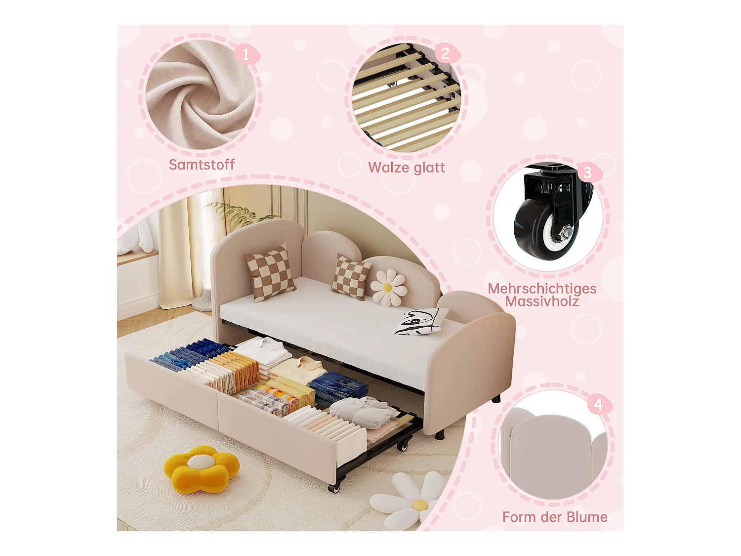 Sofá-cama infantil estofado - 90 x 200 cm - com gaveta de armazenamento - em veludo - rosa