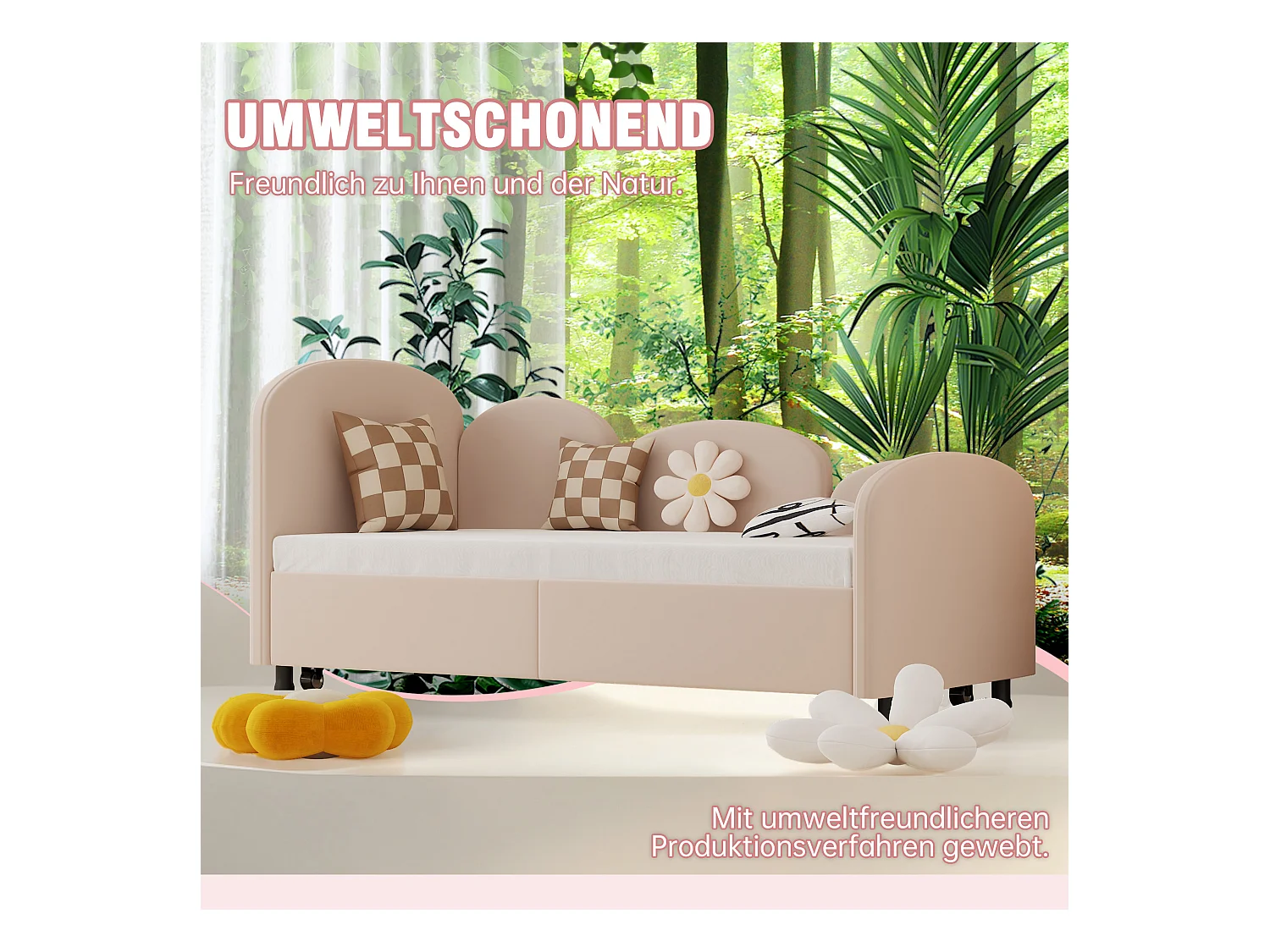 Sofá-cama infantil estofado - 90 x 200 cm - com gaveta de armazenamento - em veludo - rosa