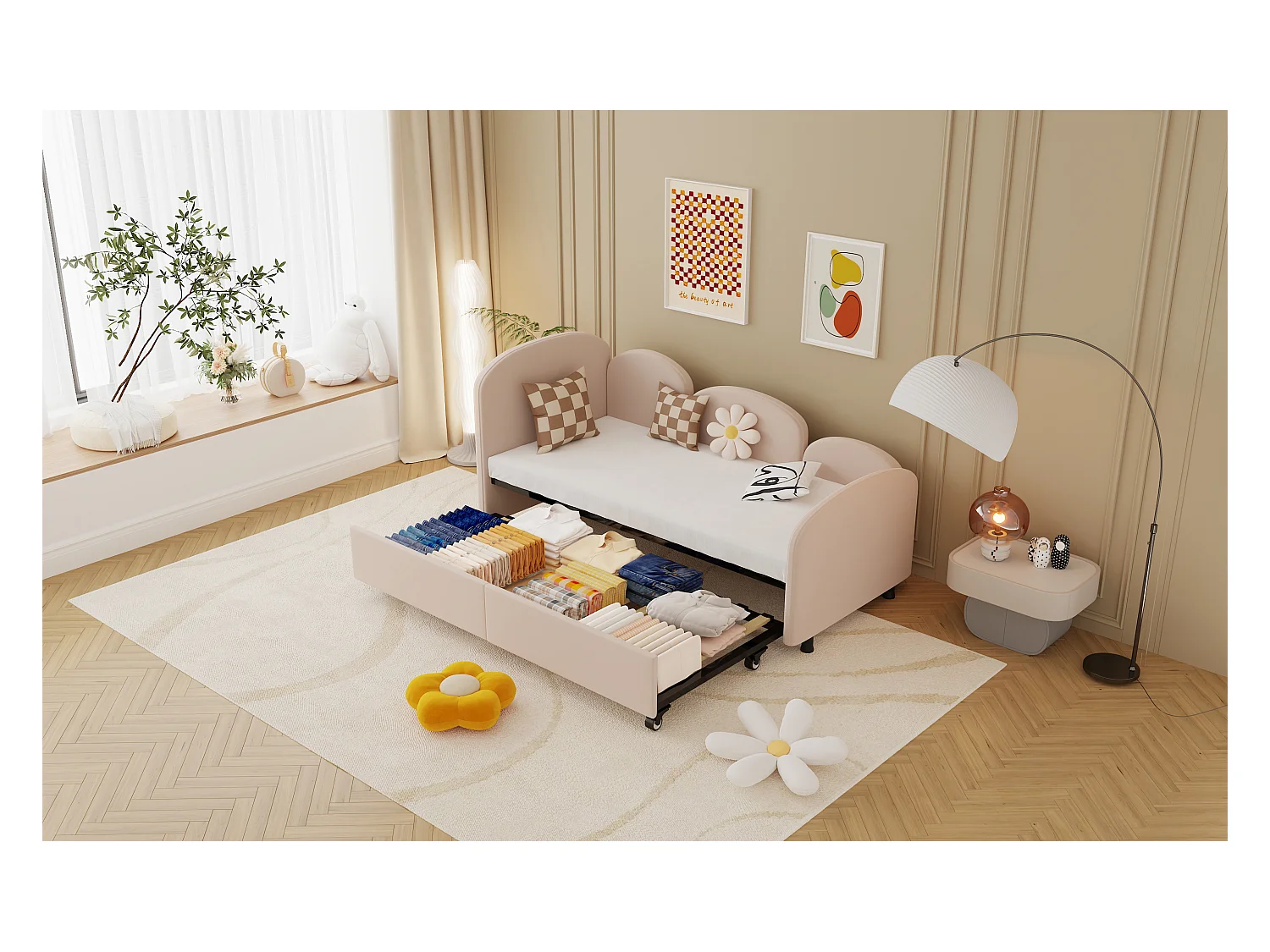 Sofá-cama infantil estofado - 90 x 200 cm - com gaveta de armazenamento - em veludo - rosa