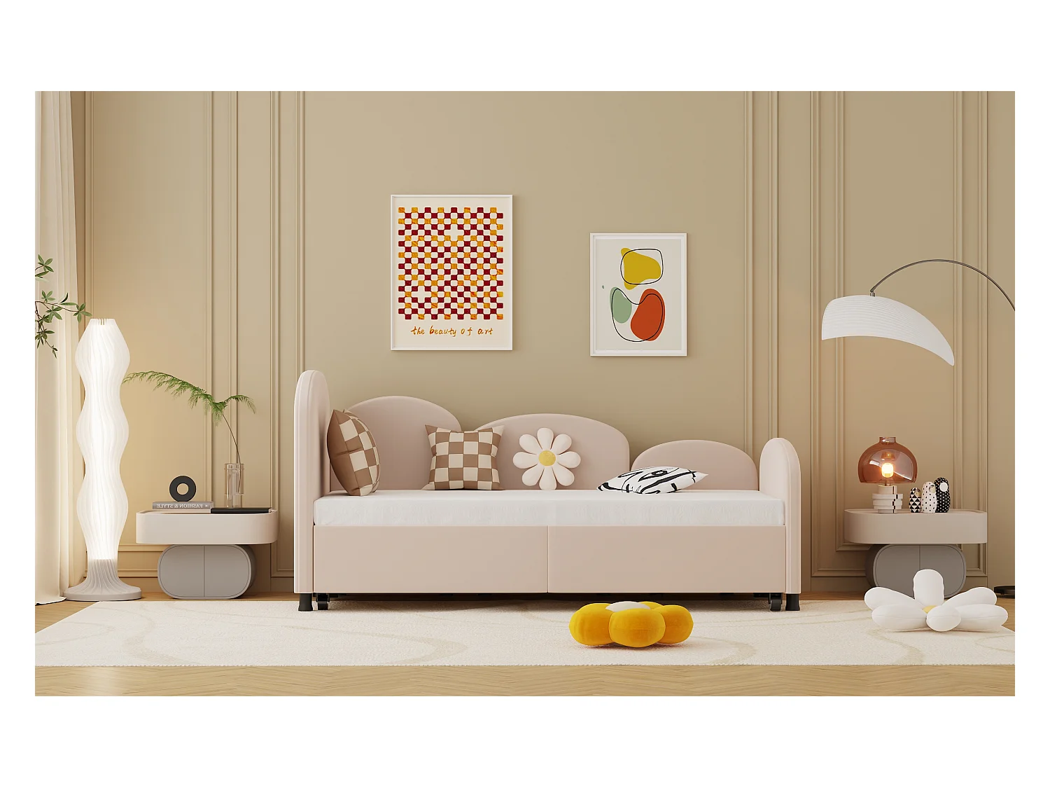 Canapé-lit rembourré pour enfant - 90 x 200 cm - avec tiroir de rangement - en velours - rose