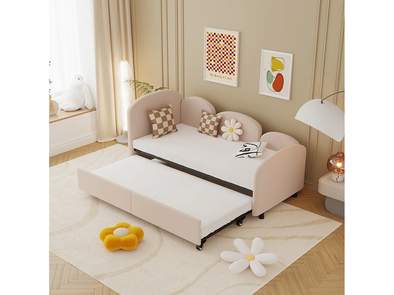 Canapé-lit rembourré pour enfant - 90 x 200 cm - avec tiroir de rangement - en velours - rose