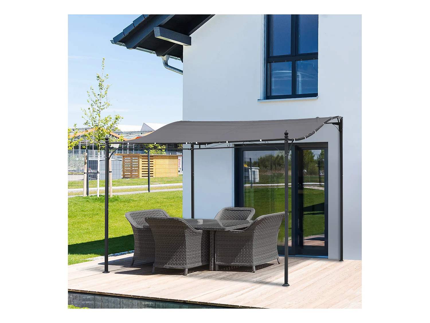 Pergola avec toit courbé, métal et polyester, gris (297x297x250 cm)