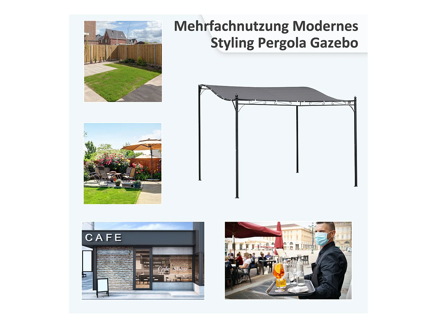 Pergola avec toit courbé, métal et polyester, gris (297x297x250 cm)