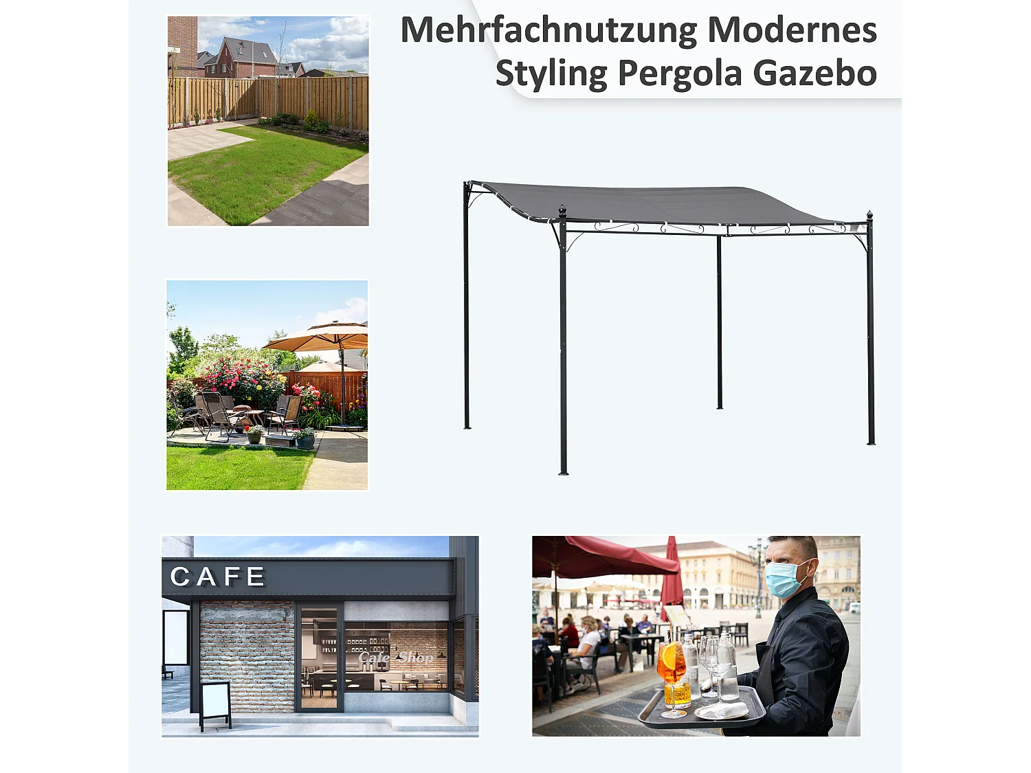 Pergola avec toit courbé, métal et polyester, gris (297x297x250 cm)