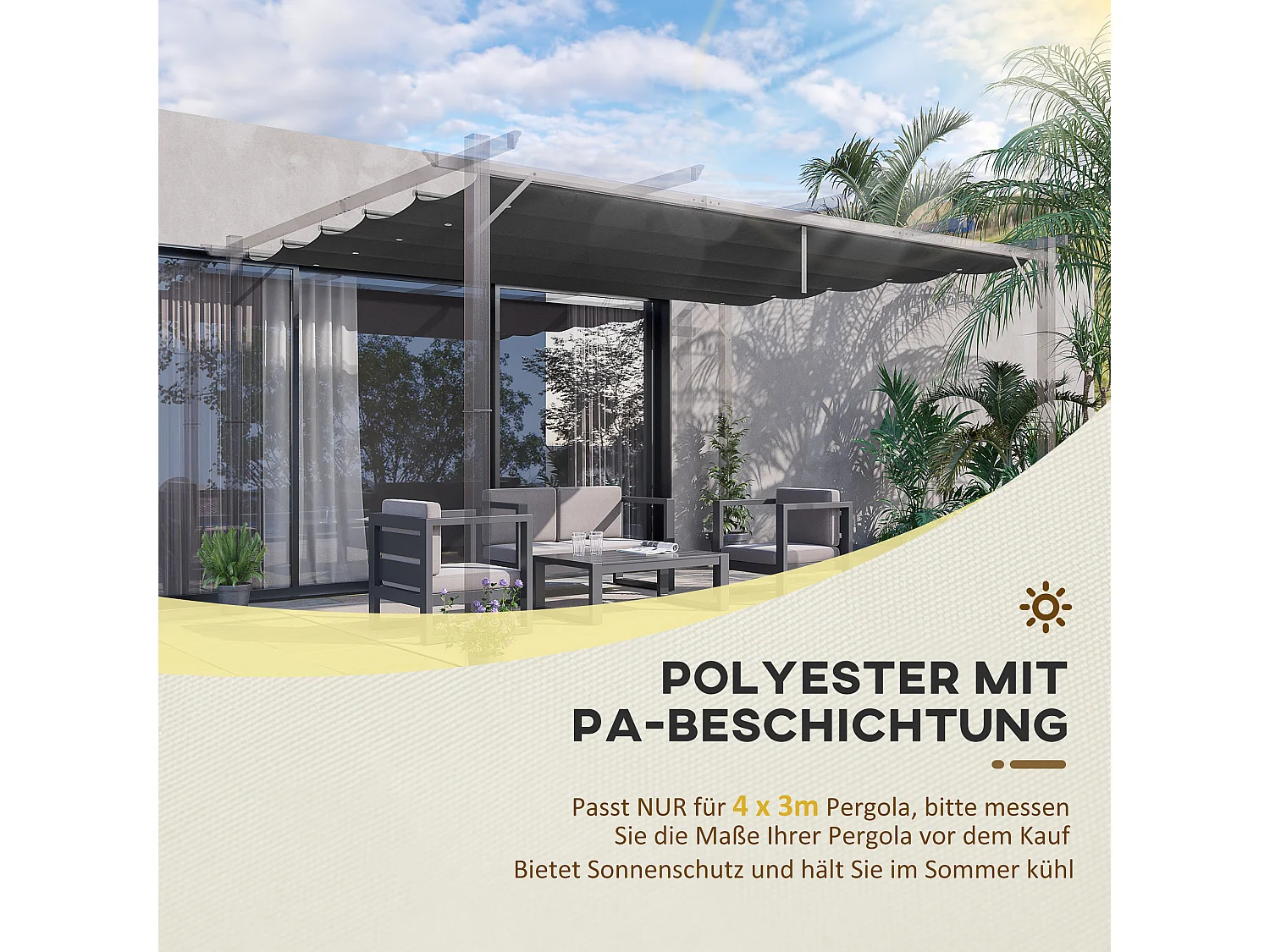 Toit de pergola de remplacement, avec trous d’évacuation, polyester respirant, gris foncé (350x260x6cm)