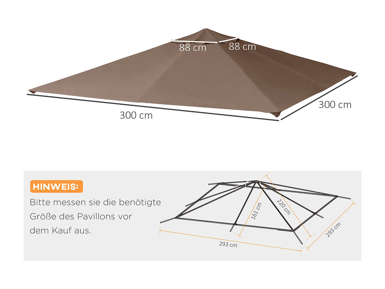 Toit de remplacement pour pavillon, protection solaire en polyester, couleur café (2,93x2,93m)