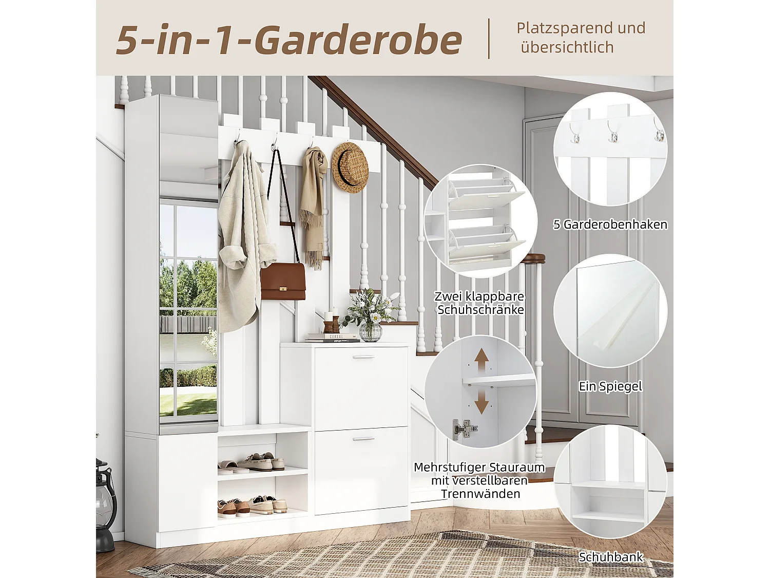 Vestiaire avec miroir - 135 x 25 x 180 cm - avec 2 armoires à chaussures + 2 rangement - aggloméré - blanc