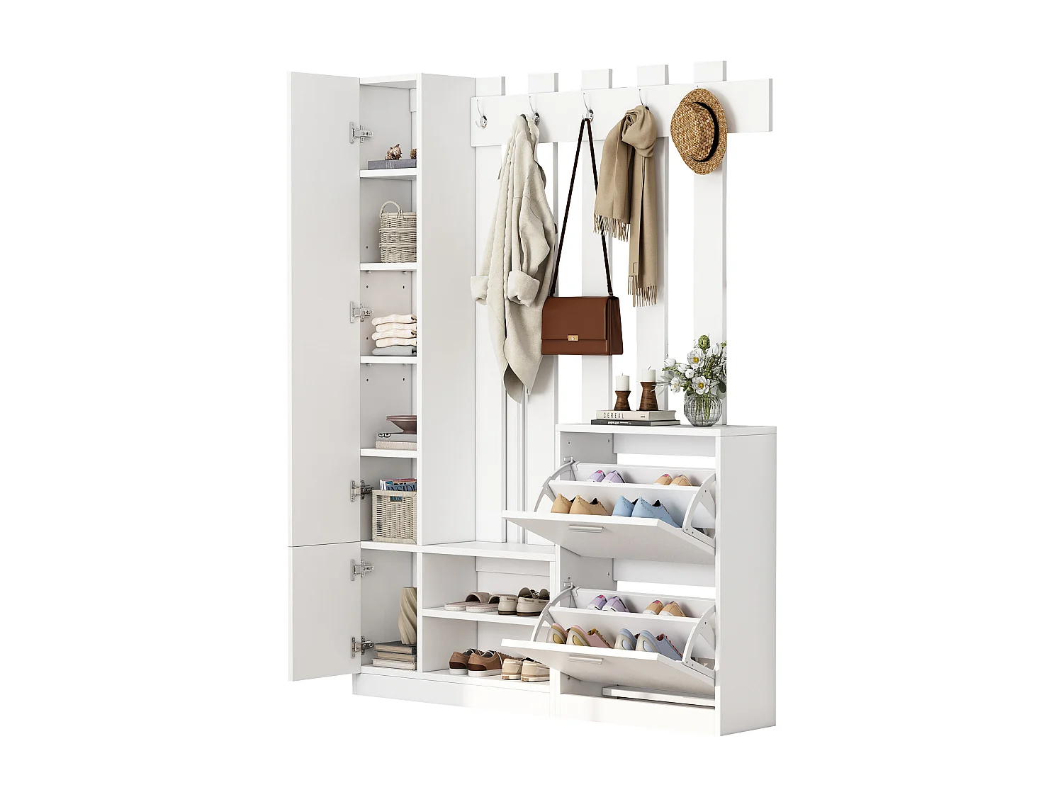 Vestiaire avec miroir - 135 x 25 x 180 cm - avec 2 armoires à chaussures + 2 rangement - aggloméré - blanc